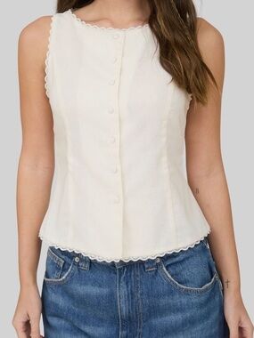 Sleeveless Cream Button-Front Lace-Trim Tank